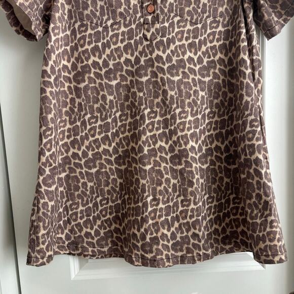 Karlie Leopard Denim Pocket Mini Dress Sz L Animal Print Short Sleeve Pullover - Picture 4 of 10
